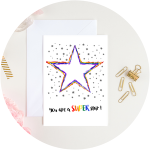 Rainbow star illustration and positive message A6 Poppleberry positivity postcard with white envelope