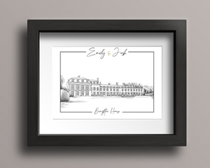 A digitally drawn wedding venue illustration of Boughton House, with the couple's names at the top, in a black frame.