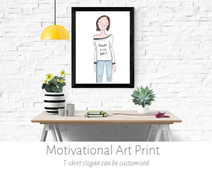 Poppleberry smiling girl digital drawing, wearing a motivational message on her jumper, in a black frame hung on a wall.