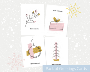 4 Designs of Poppleberry A6 Abstract, Blush Pink & Gold Christmas Cards on White Cardstock.