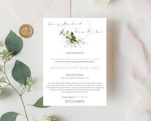 Blush flower and greenery A6 Poppleberry wedding evening / reception invitation, with pencil sketch flowers, on white cardstock.