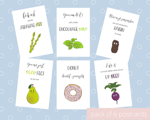 6 Poppleberry A6 positivity postcards, with food illustrations & uplifting puns, on white cardstock.