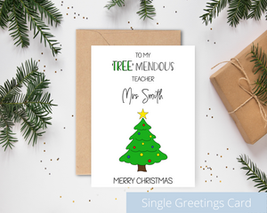 Poppleberry A6 'Tree-mendous' Personalised & Glittered Teacher Christmas Card on White Cardstock and Kraft brown Envelope.