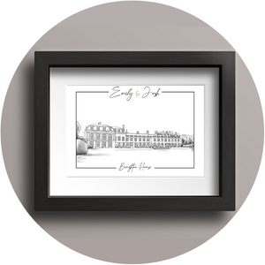 A digitally drawn wedding venue illustration of Boughton House, with the couple's names at the top, in a black frame.