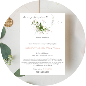 Blush flower and greenery A6 Poppleberry wedding evening / reception invitation, with pencil sketch flowers, on white cardstock.