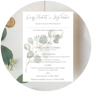 Muted Green Eucalyptus A6 Wedding Evening Invitation, with eucalyptus at side.