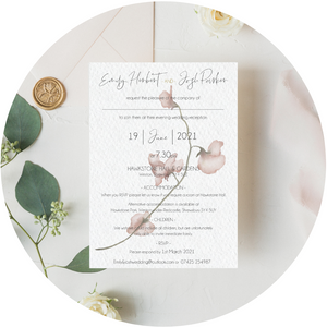 Watercolour pink flowers A6 Poppleberry wedding evening / reception invitation on textured ivory cardstock, with eucalyptus leaves.