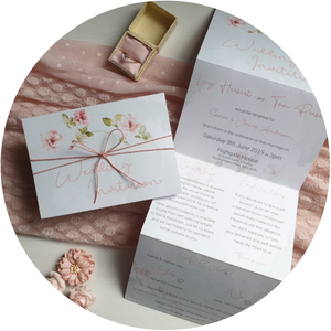 Mint & roses A6 Poppleberry accordion fold all-in-one wedding invitation, folded with blush pink twine and envelope.
