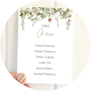 A Poppleberry blush & green floral A6 wedding table plan card, with table one's guest names, held to show size.
