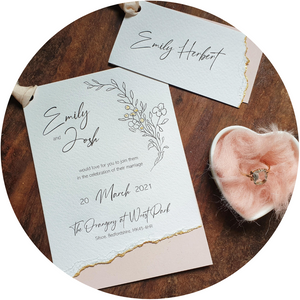 Blush pink & deckled edge A6 Poppleberry wedding invitation set, with matching Poppleberry wedding place card.