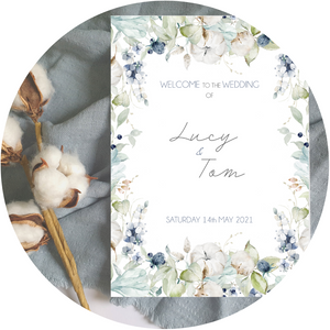Front of a dusty & watercolour blue A5 Poppleberry folded 4-page wedding order of service card, on ivory cardstock.