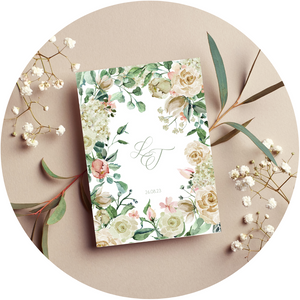 Front of a watercolour floral & foliage A5 Poppleberry wedding order of service card, on ivory cardstock.
