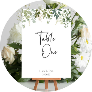 A Poppleberry greenery & eucalyptus wedding table number card, for 'Table One' of Lucy & Tom's wedding, in A5 size.