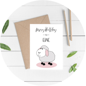 Grey sheep with funny birthday joke A6 Poppleberry folded birthday card with kraft brown recycled envelope.
