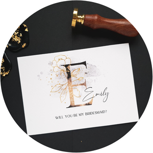 Front of a black & gold sparkle A6 Poppleberry 'Will you be my...?' bridesmaid proposal card with personalised name.