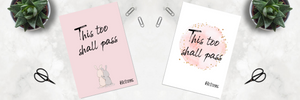 2 Poppleberry A6 positivity postcards, with blush pink or bunny illustrations and uplifting messages, on white cardstock.