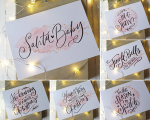 Collage of 6 Poppleberry A6 'Santa Baby' Modern Pink Watercolour Splash Christmas Cards on White Cardstock.