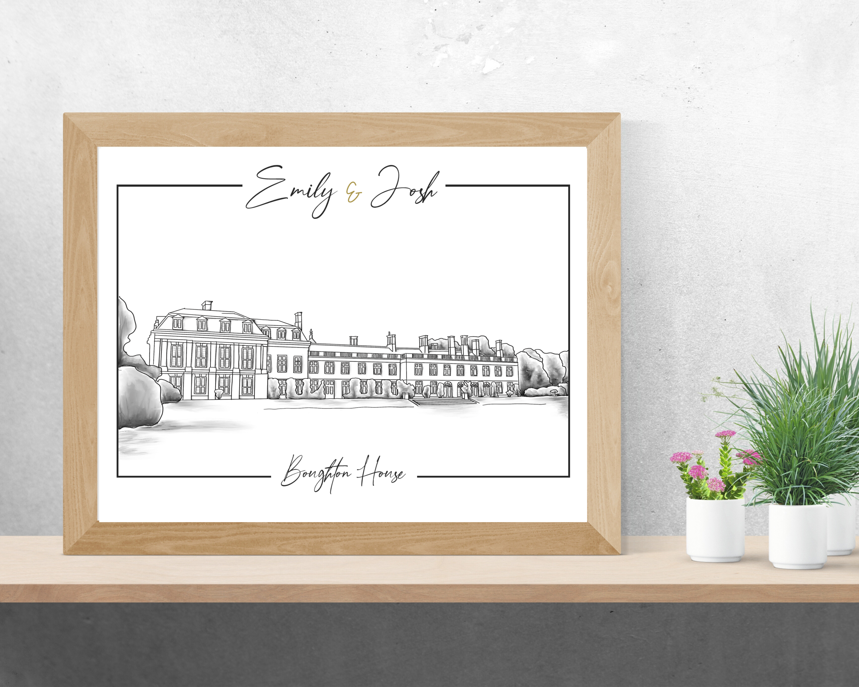 A digitally drawn wedding venue illustration of Boughton House, with the couple's names at the top, in a wooden frame.