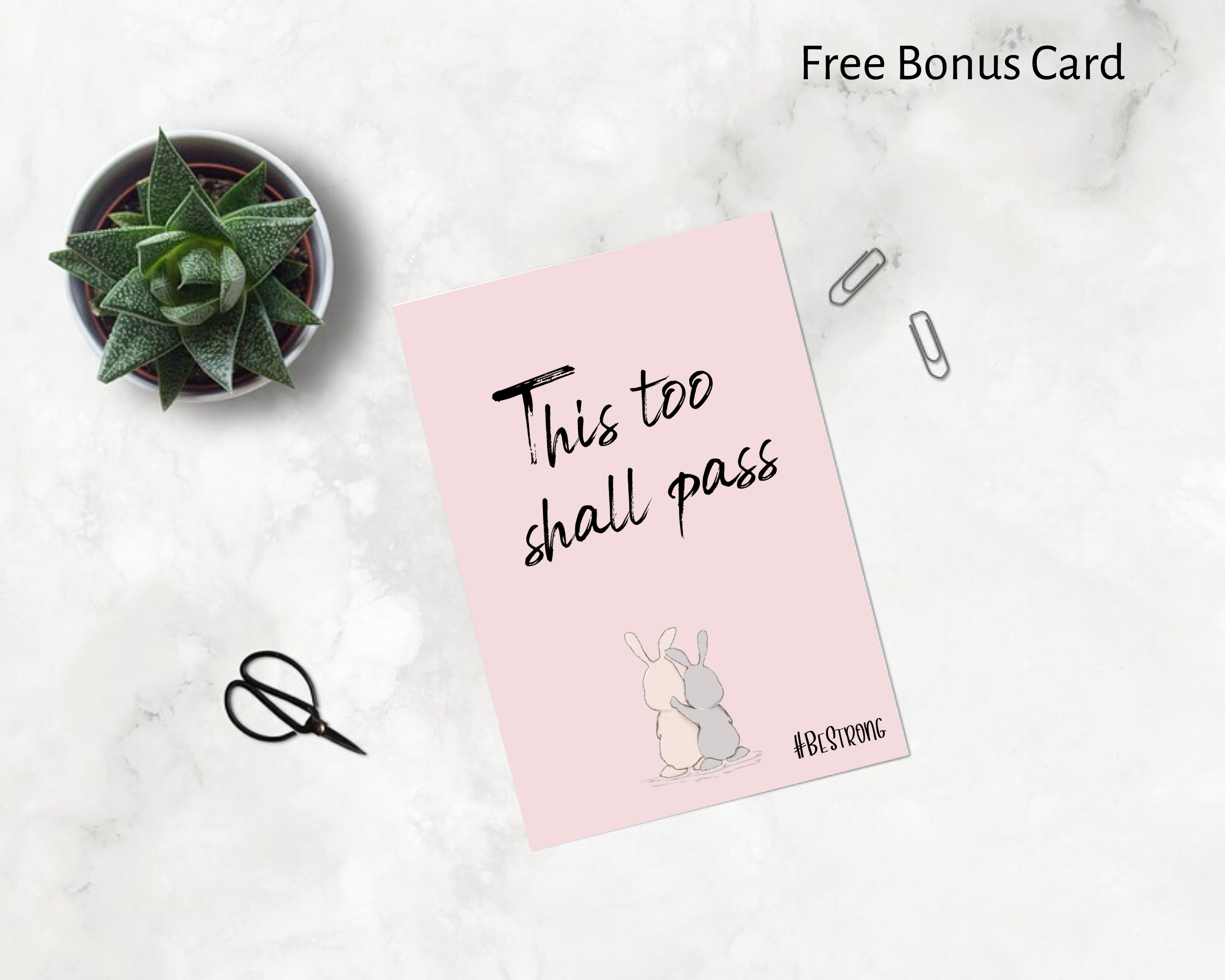 'This too shall pass' free A6 postcard in Poppleberry box of 12 positivity postcards, with blush pink background.