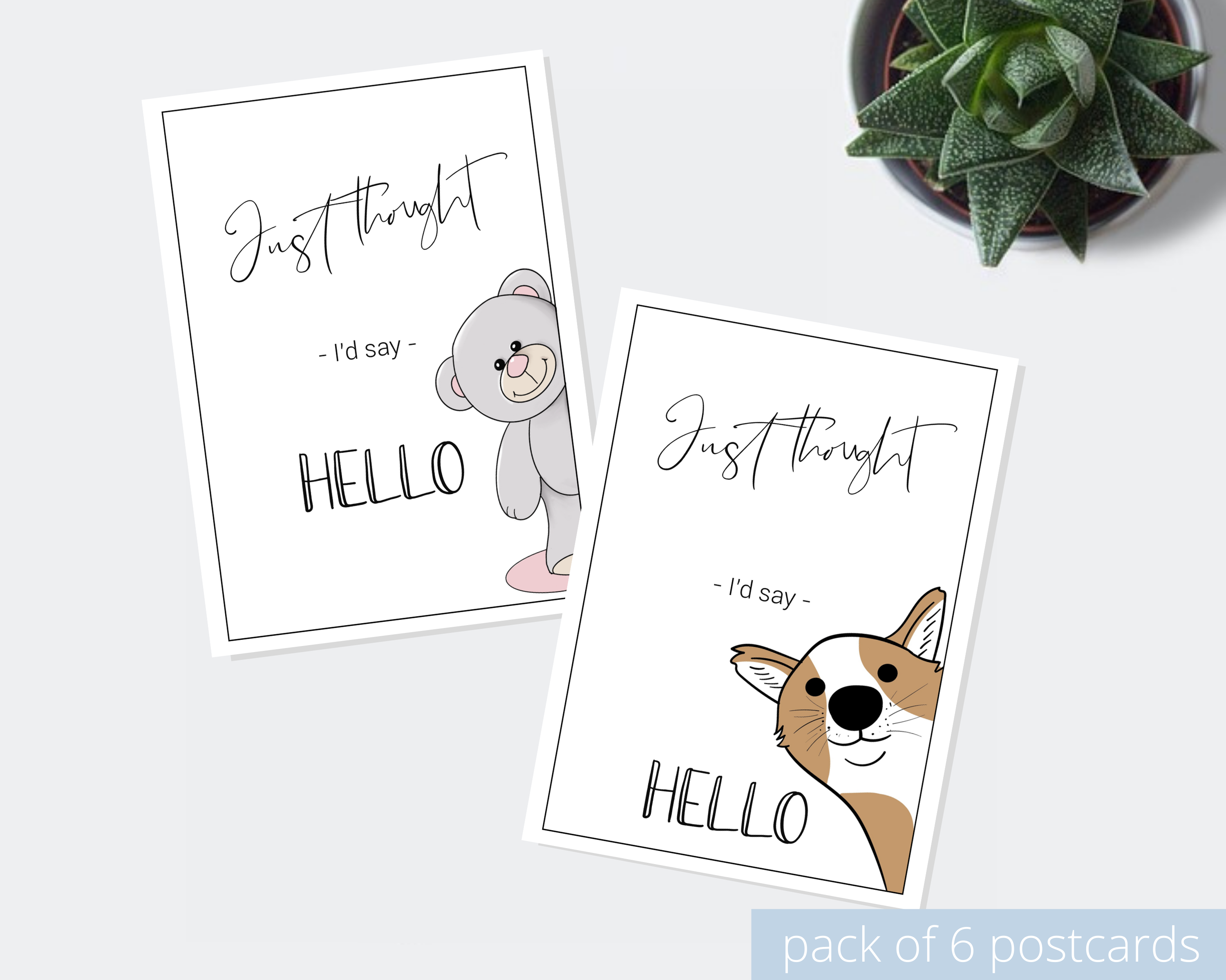 Grey bear & corgi dog illustration A6 'Just thought I'd say hello' pack of 6 Poppleberry positivity postcards.