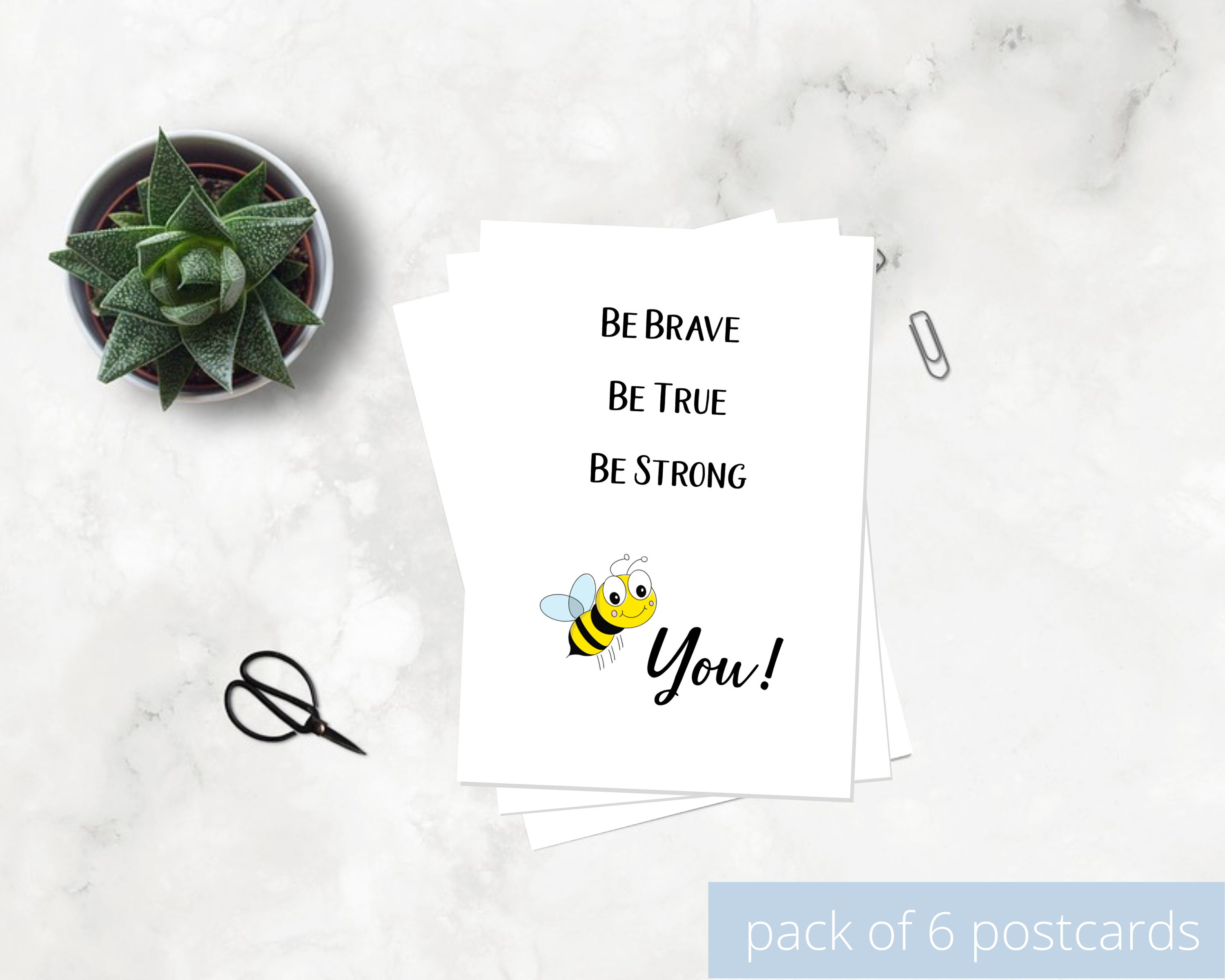 Poppleberry A6 positivity postcard, with a bright yellow digital bee illustration and uplifting message, on white cardstock.