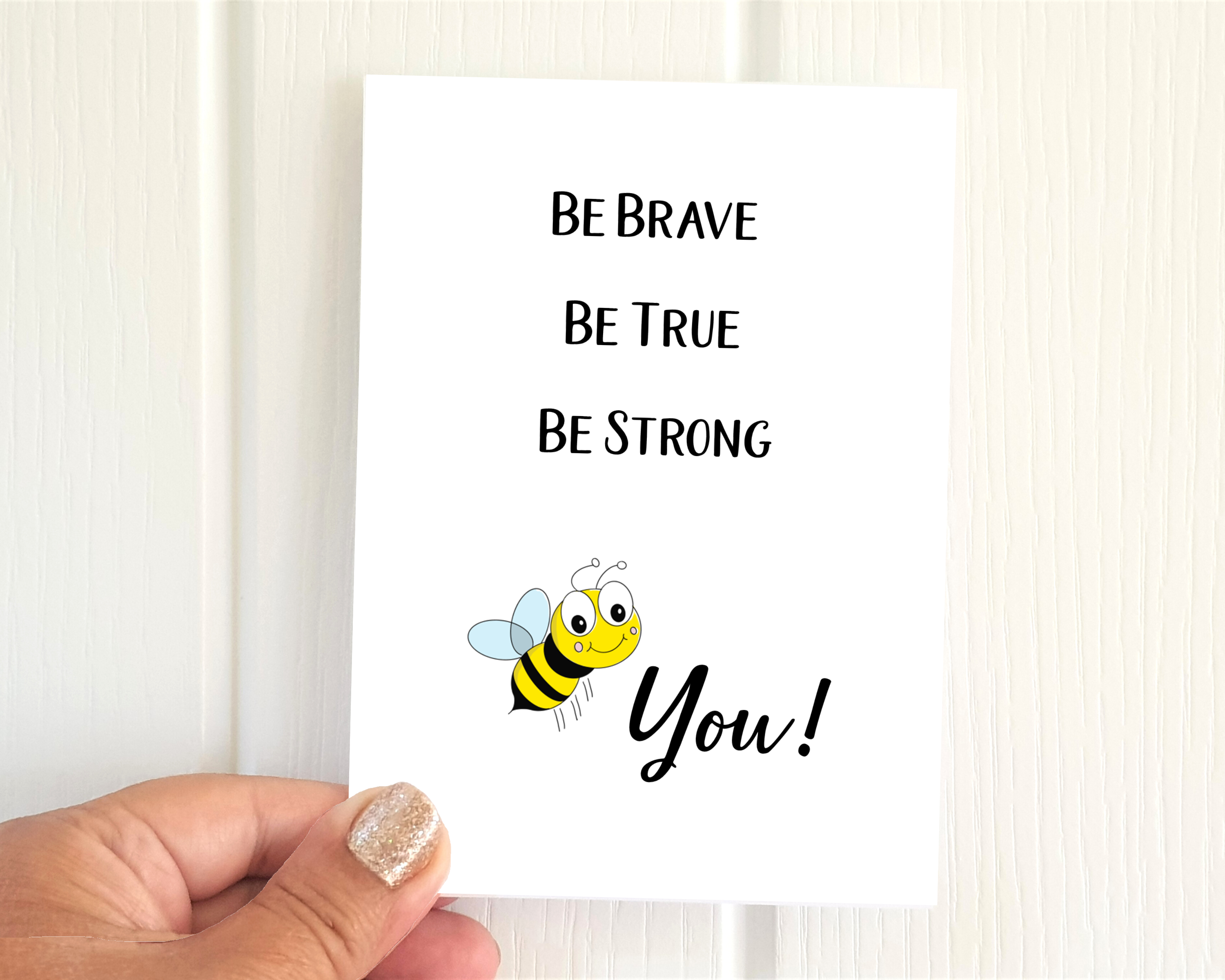 Poppleberry A6 positivity postcard, with a bright yellow digital bee illustration and uplifting message, on white cardstock.