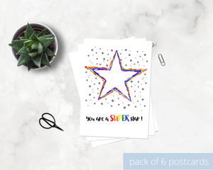 Poppleberry A6 positivity postcard, with a rainbow-coloured star illustration and uplifting message, on white cardstock.