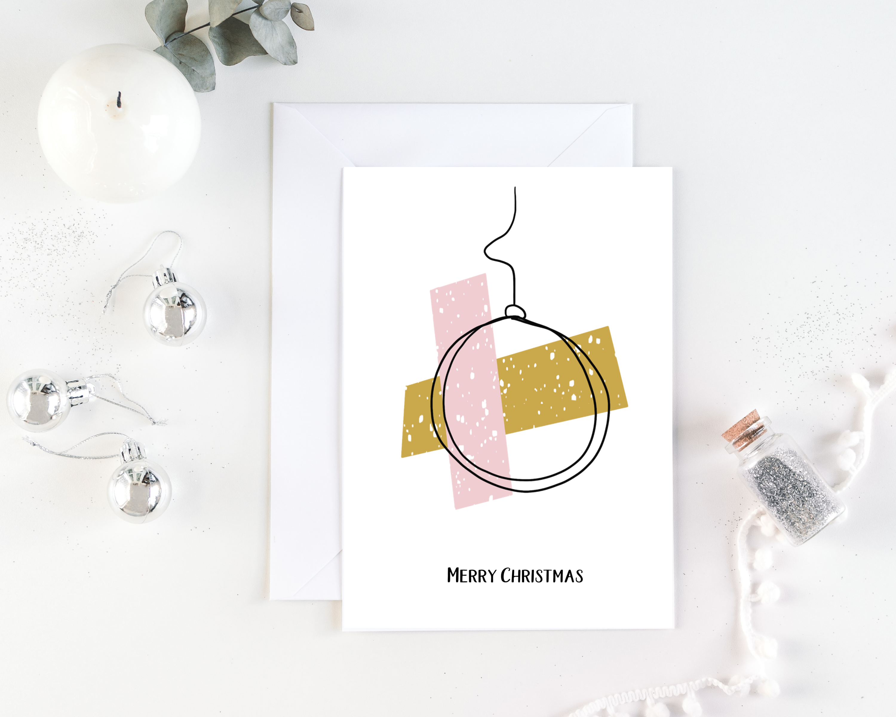 Bauble Design of Poppleberry A6 Abstract, Blush Pink & Gold Christmas Cards on White Cardstock and White Envelope.
