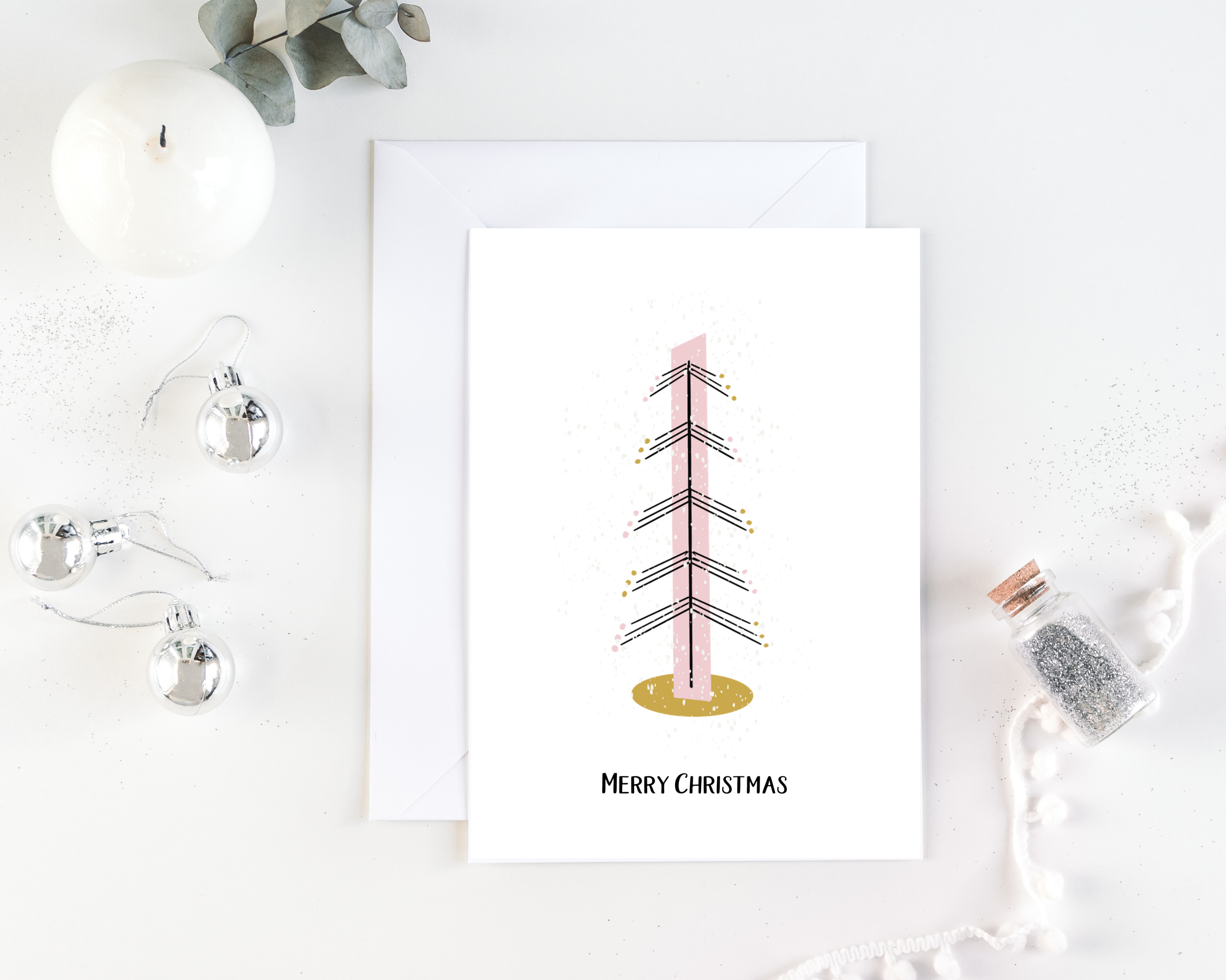 Tree Design of Poppleberry A6 Abstract, Blush Pink & Gold Christmas Cards on White Cardstock and White Envelope.