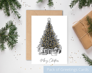 Poppleberry A6 Tree Illustration Golden Glittered Christmas Cards on White Cardstock and Kraft brown Envelope.