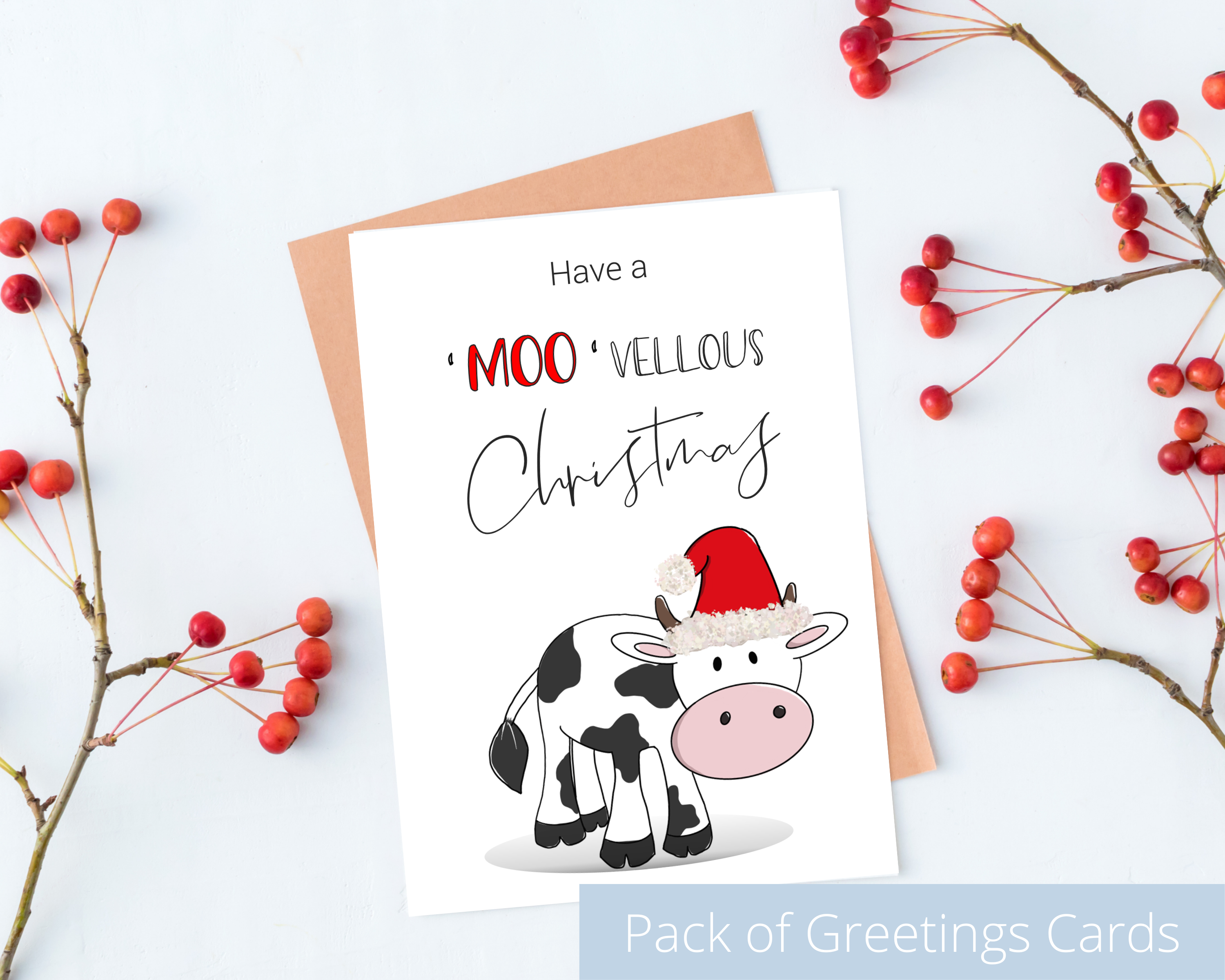 Poppleberry A6 'Moo-vellous Christmas' Christmas Cards on White Cardstock and Kraft brown Envelope.