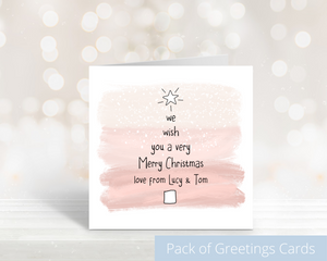 Poppleberry A6 Watercolour Blush Christmas Cards on White Cardstock, Text in Christmas tree Shape, Personalised with Couple's Name.