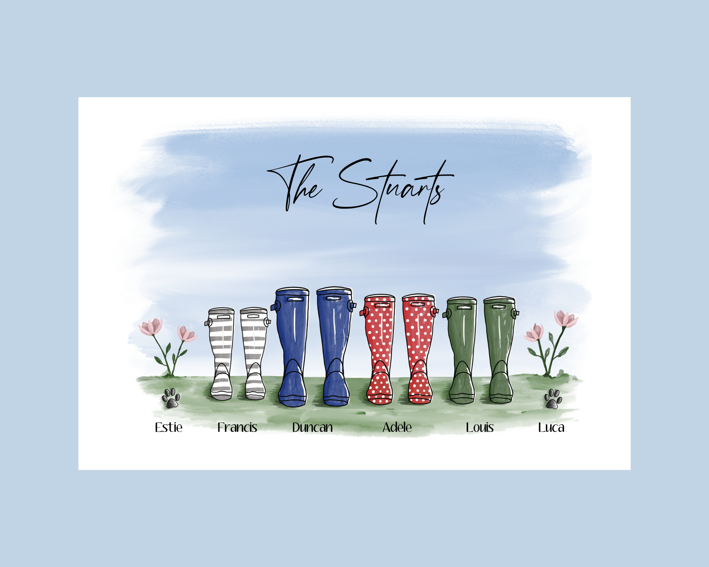 Poppleberry family of colourful wellington boots digital drawing art print, digital view.