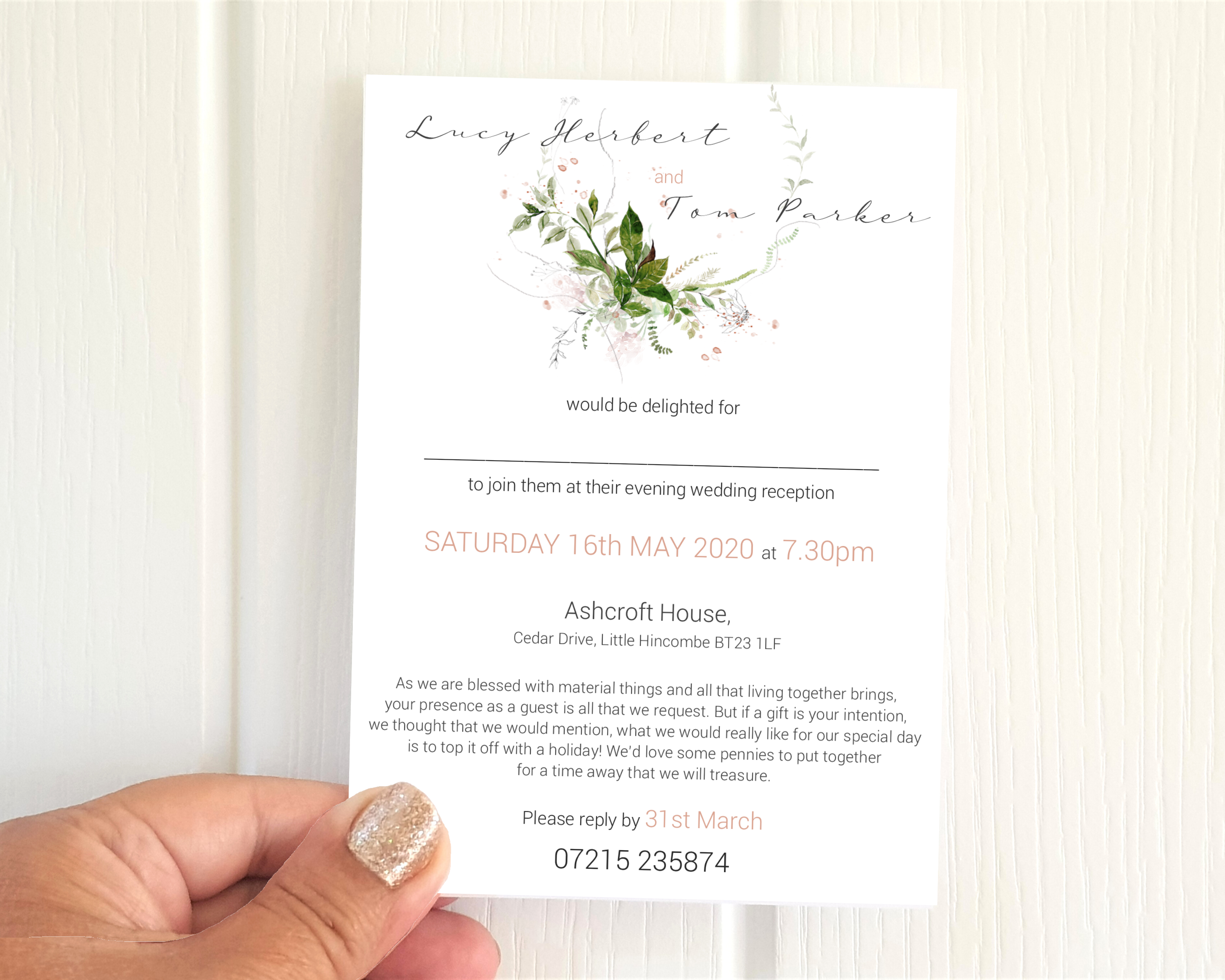 Blush flower and greenery A6 Poppleberry wedding evening / reception invitation, with pencil sketch flowers, held up.