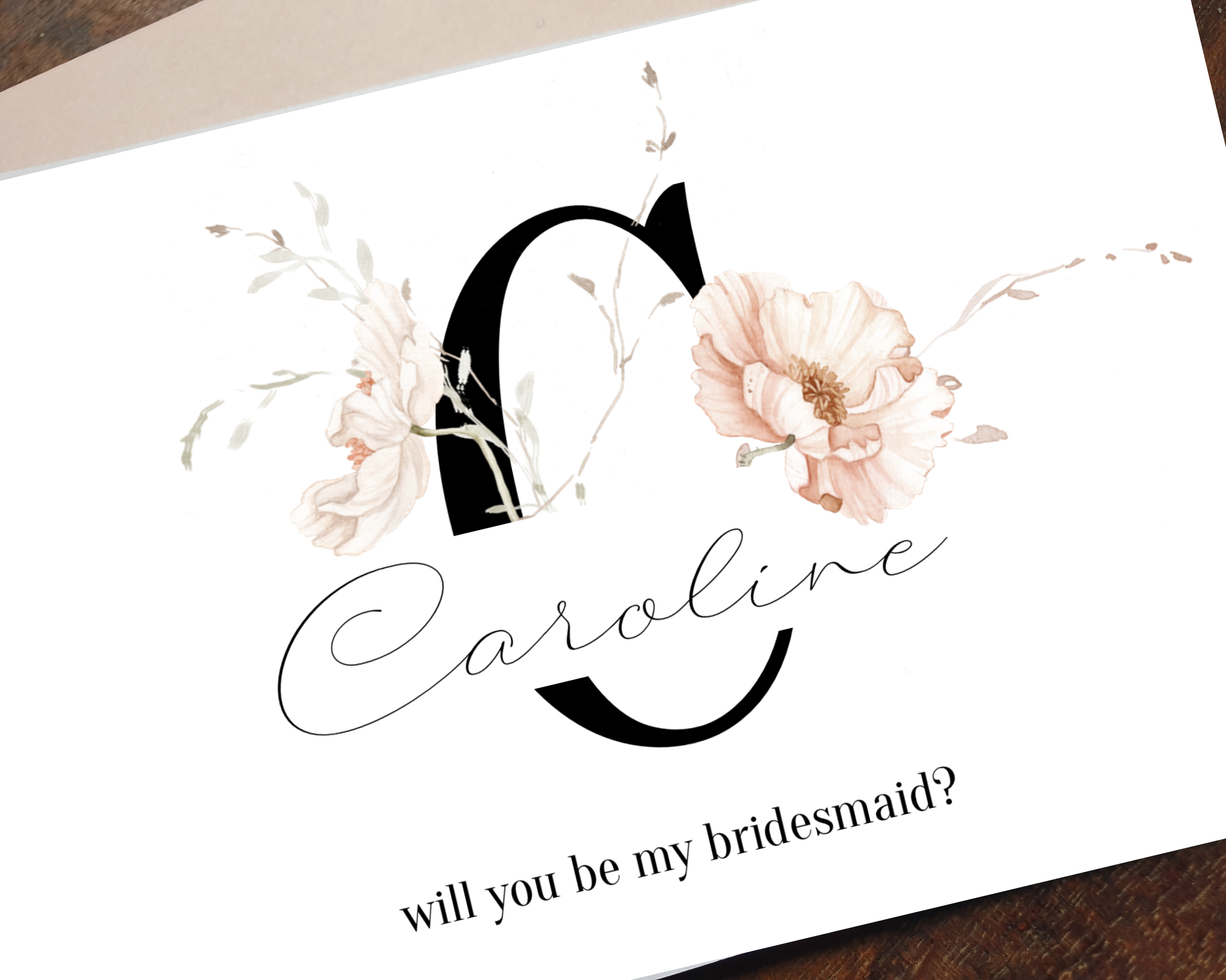 Close-up of an Icelandic poppy A6 Poppleberry 'Will you be my...?' bridesmaid proposal card with personalised role.