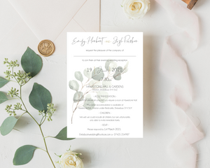 Muted green eucalyptus A6 Poppleberry wedding evening / reception invitation, with eucalyptus leaves.