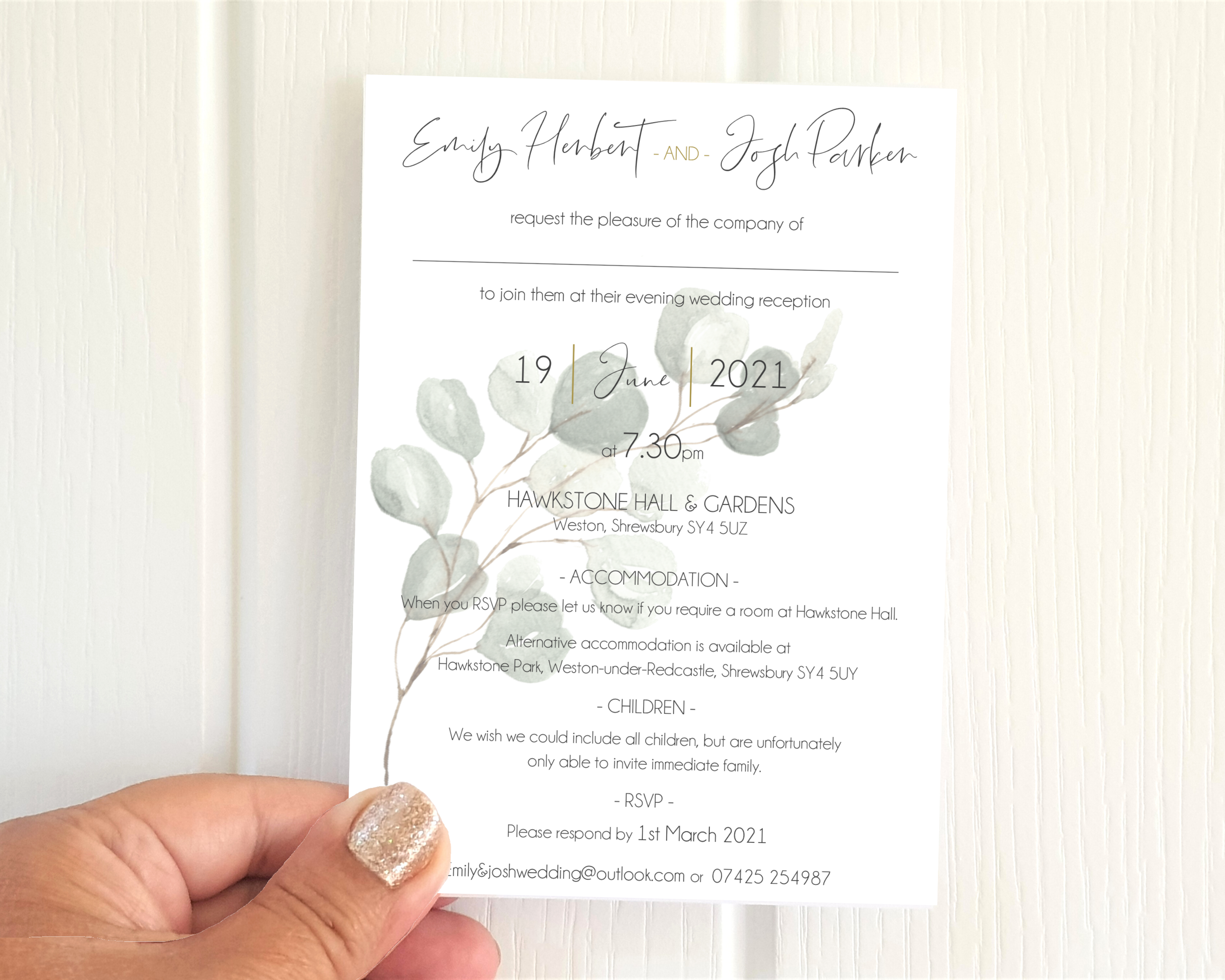 Muted green eucalyptus A6 Poppleberry wedding evening / reception invitation, held up to compare size.