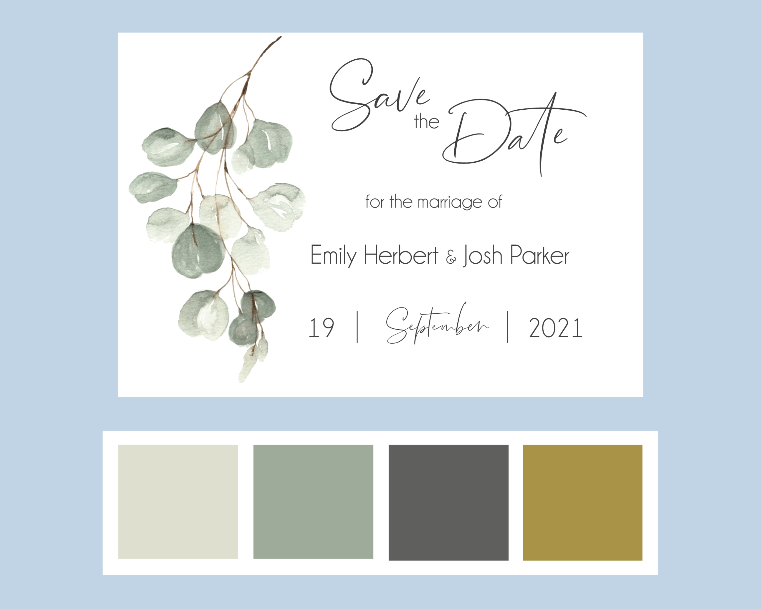 Muted green eucalyptus Poppleberry A6 wedding save the date card, design with colour palette.