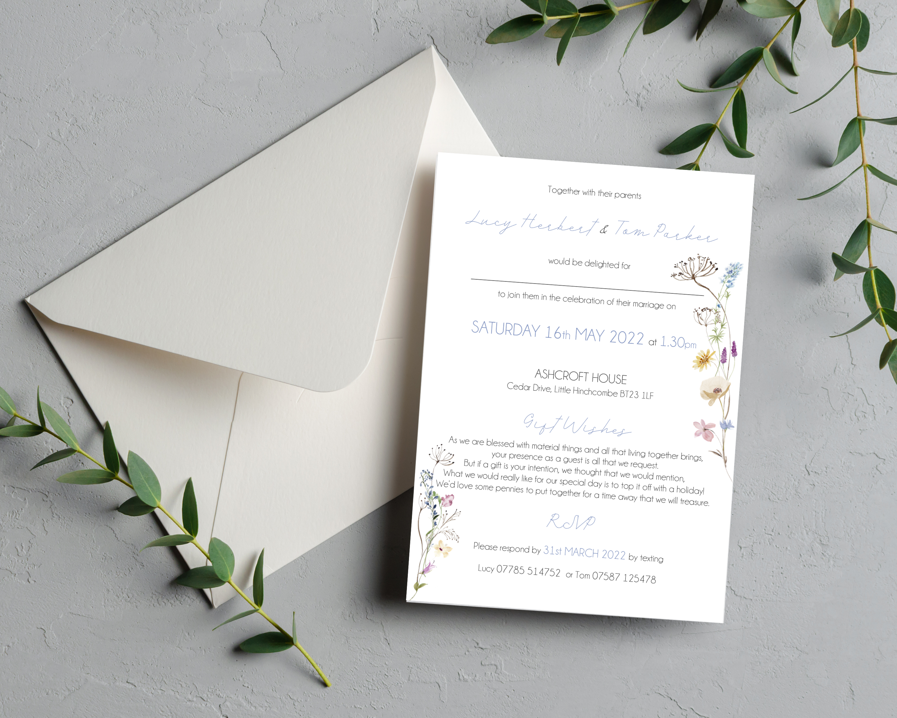Pastel wildflower A6 Poppleberry wedding evening / reception invitation on white cardstock, with envelope.