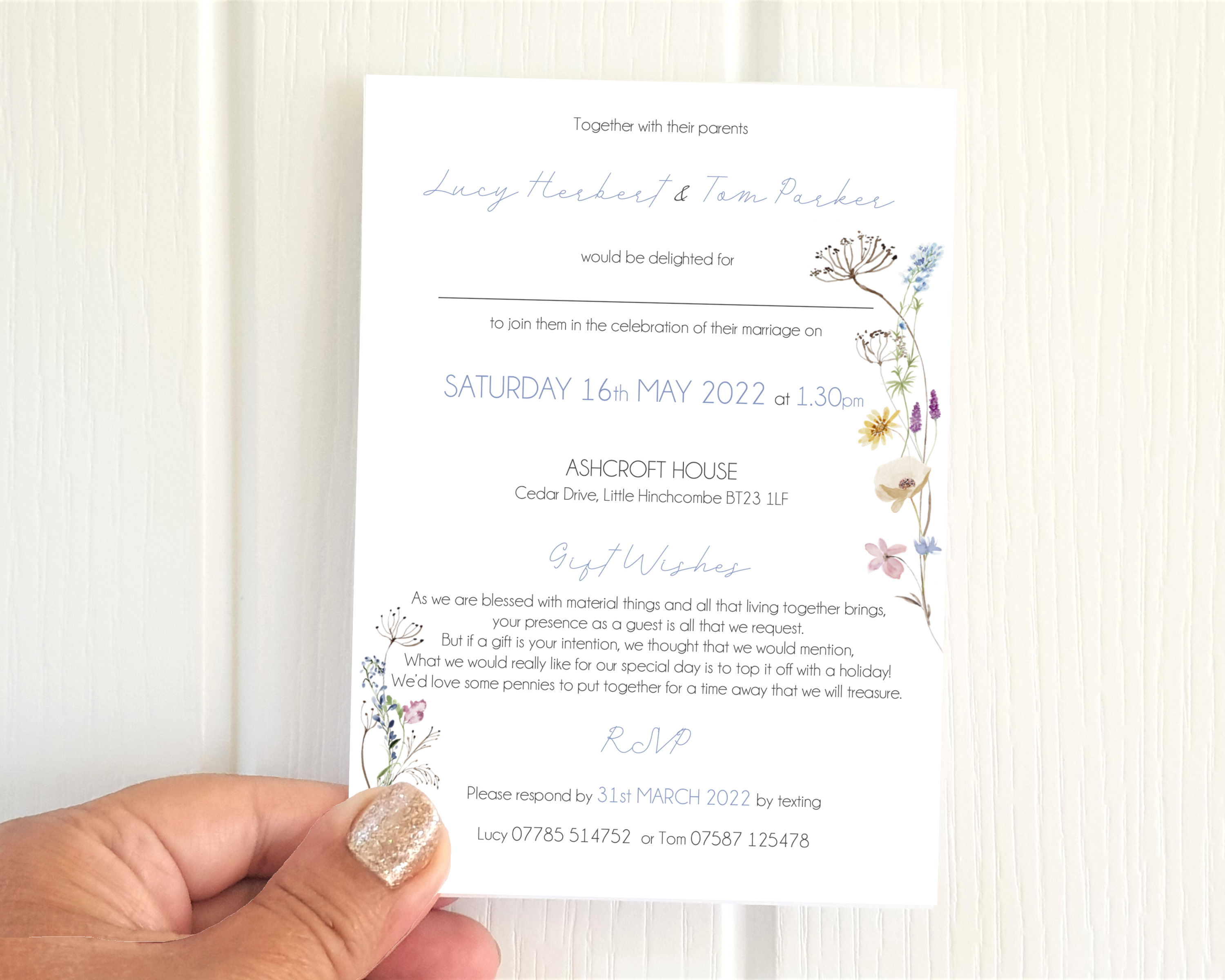 Pastel wildflower A6 Poppleberry wedding evening / reception invitation on white cardstock, held to show size.