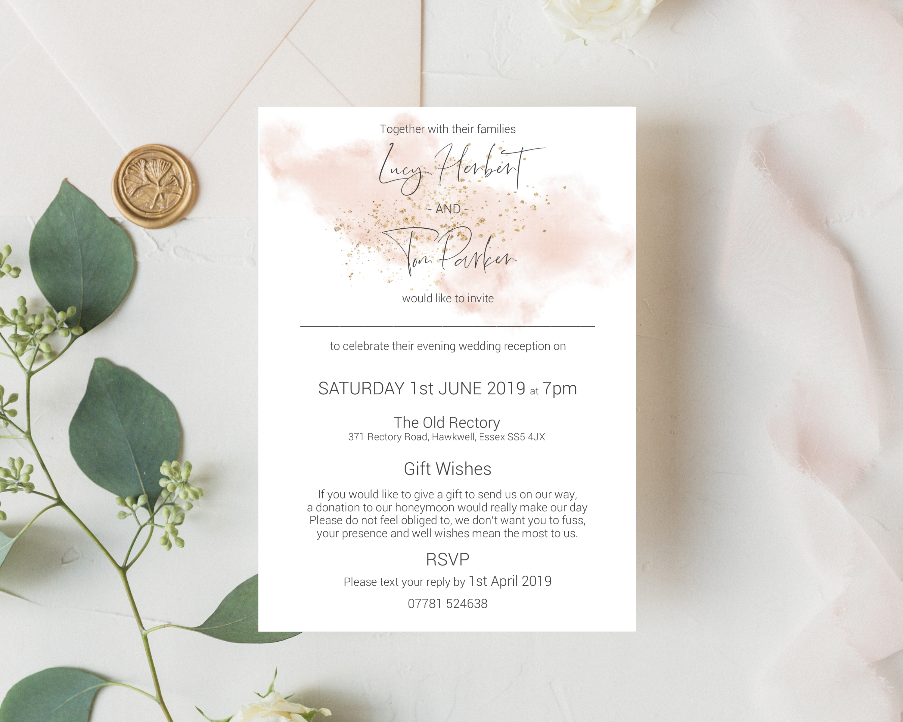 Chloe Watercolour Blush Wedding Evening Invitation