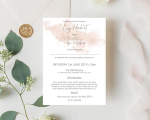 A watercolour blush pink A6 Poppleberry flat wedding evening/reception invitation, on white cardstock and finished with gold sparkle.