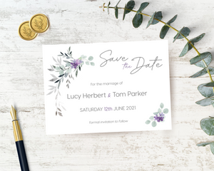 Violet, lilac & grey A6 Poppleberry flat one-sided wedding save the date card, with dark grey writing, on white cardstock.