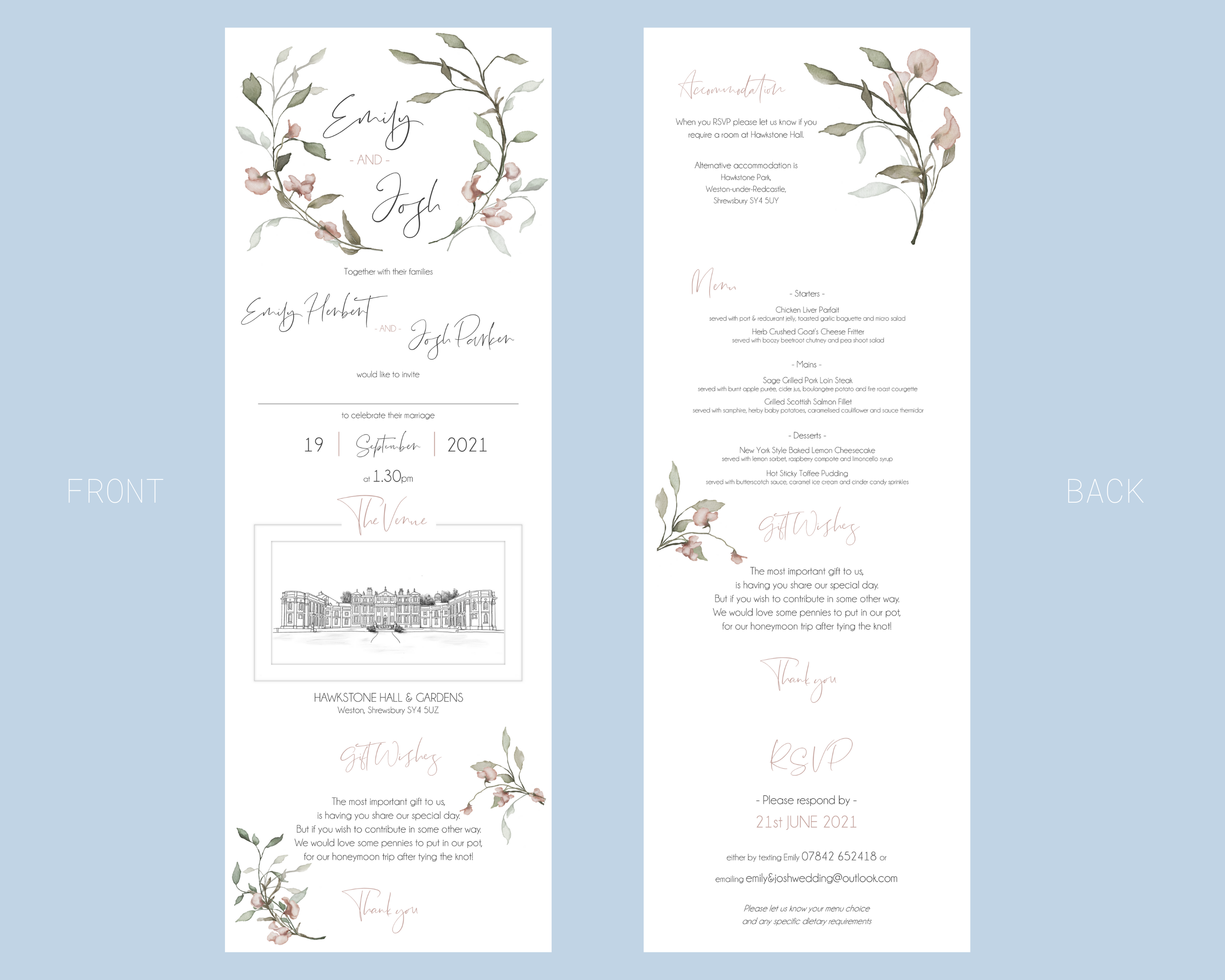 Watercolour Pink Flowers A6 Poppleberry accordion fold all-in-one wedding invitation, design front & back.
