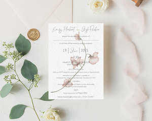 Watercolour pink flowers A6 Poppleberry wedding evening / reception invitation on textured ivory cardstock, with eucalyptus leaves.
