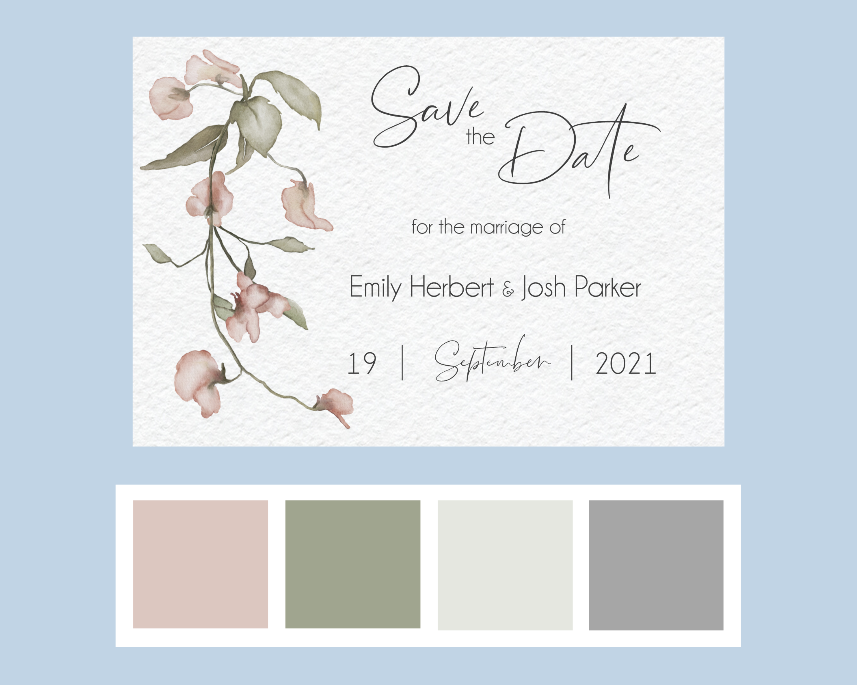 Watercolour pink floral design Poppleberry A6 wedding save the date card, with colour palette.