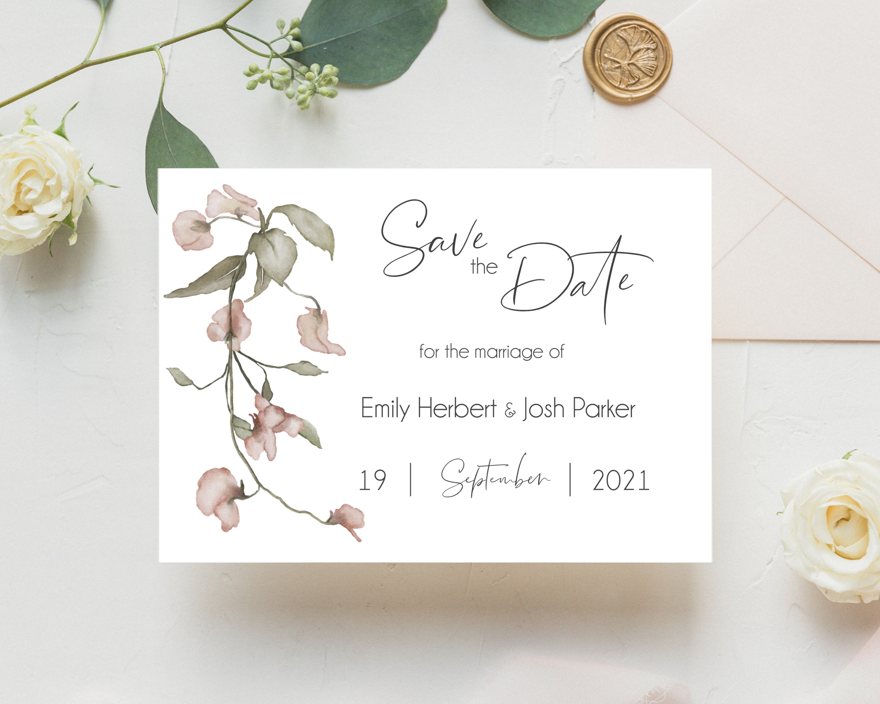 Watercolour pink floral design Poppleberry A6 wedding save the date card, on textured ivory cardstock.