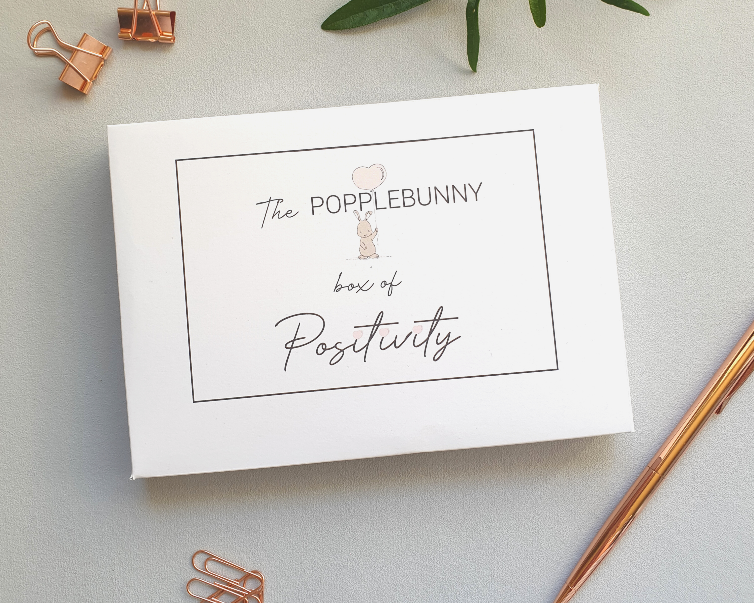 Poppleberry A6 'Box of Positivity' postcards white presentation box, with small bunny illustration and grey border.