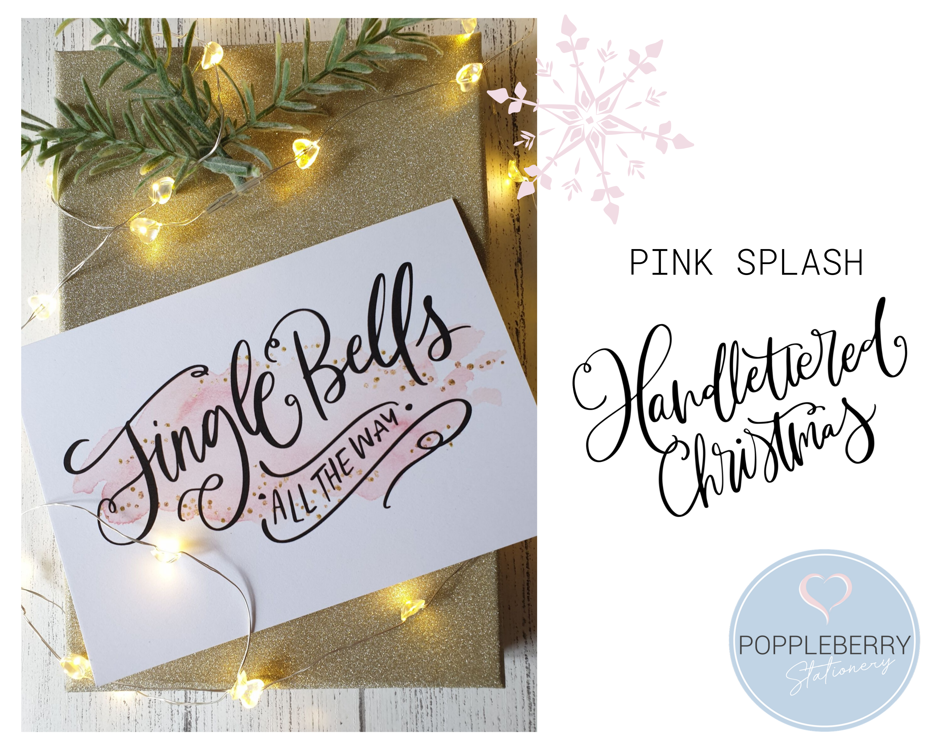 Poppleberry A6 'Jingle Bells' Modern Pink Watercolour Splash Christmas Card with Gold Sparkle Glitter.