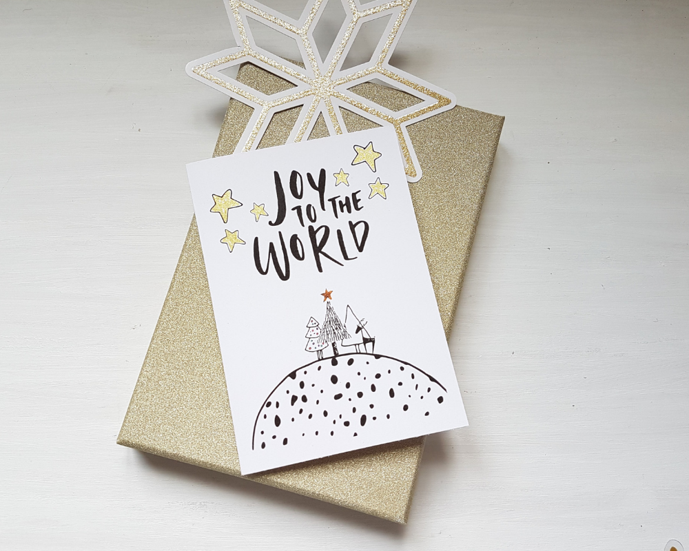Poppleberry A6 'Joy to the World' Scandinavian - Inspired Folded Christmas Card with Golden Stars Illustration.